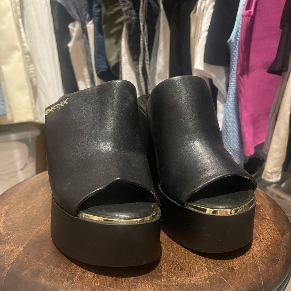 DKNY Black Platform Mules with Gold Accent